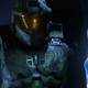 Master Chief regards the blue female AI construct known as The Weapon.